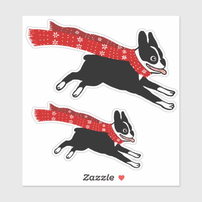 Running Boston Terrier with Winter Scarf Cute Dog Sticker (Sheet)
