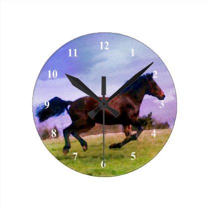 Running Brown Horse Pony Foal Western Watercolor Round Clock