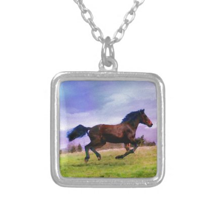 Running Brown Horse Pony Foal Western Watercolor Silver Plated Necklace