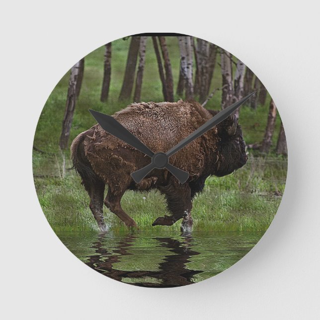 Running Buffalo & Forest, Bison-lover's Design Round Clock (Front)