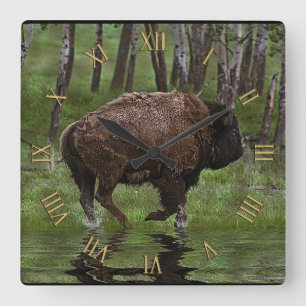 Running Buffalo & Forest, Bison-lover's Design Square Wall Clock