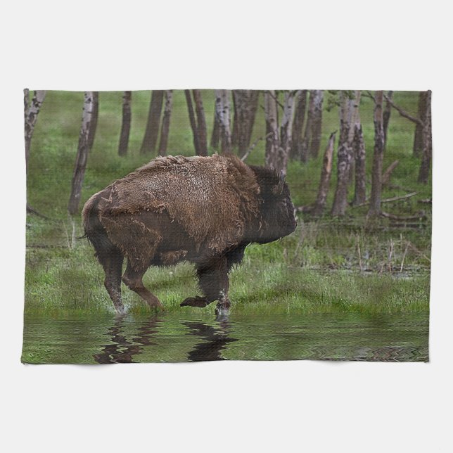 Running Buffalo & Forest, Bison-lover's Design Towel (Horizontal)