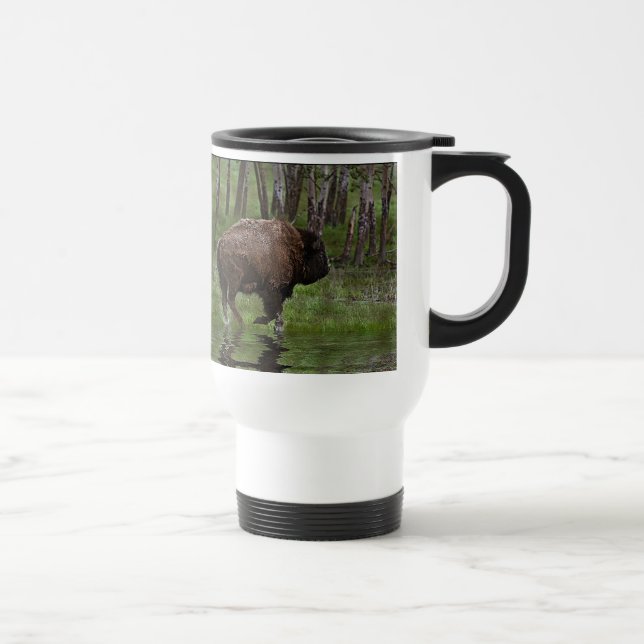 Running Buffalo & Forest, Bison-lover's Design Travel Mug (Right)