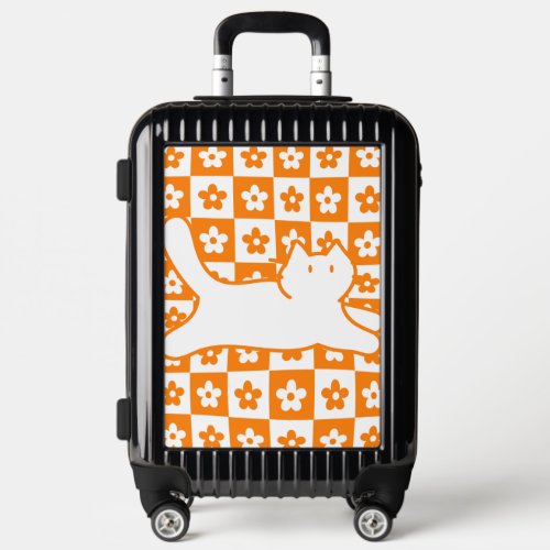 Running Cat on Orange Checkerboard Flower Pattern Luggage