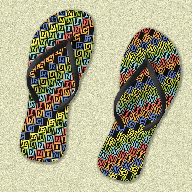 Running colorful lettering pattern flip flops (Showing narrow black straps)