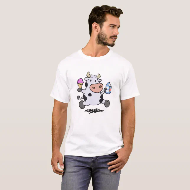 Running cow holding ice cream and milk T-Shirt | Zazzle