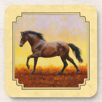 Running Dark Bay Horse Yellow Beverage Coaster