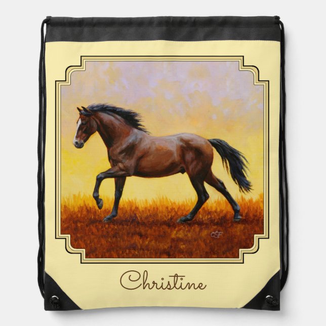 Running Dark Bay Horse Yellow Drawstring Bag (Front)