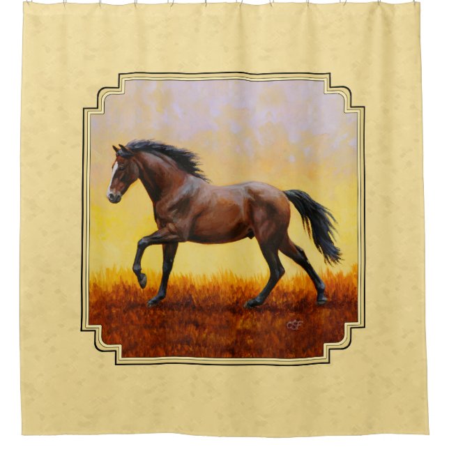 Running Dark Bay Horse Yellow Shower Curtain (Front)