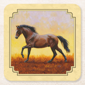 Running Dark Bay Horse Yellow Square Paper Coaster