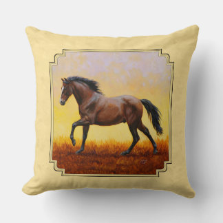 Running Dark Bay Horse Yellow Throw Pillow