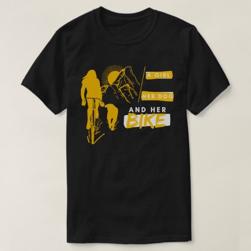 Running Dog Girl Riding Bike in Mountains T_Shirt