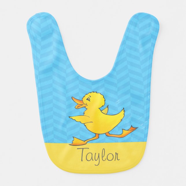 Running duckling duck blue yellow baby bib (Front)