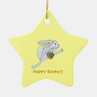 Running Easter Bunny and basket of eggs Ceramic Ornament
