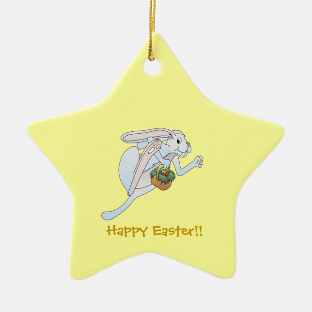 Running Easter Bunny and basket of eggs Ceramic Ornament (Front)