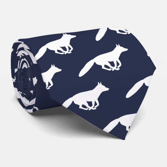 Running Fox Silhouettes Pattern White and Blue Neck Tie (Rolled)