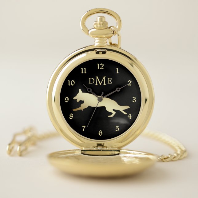 Running German Shepherd Dog Gold Monogram Pocket Watch (Inside)
