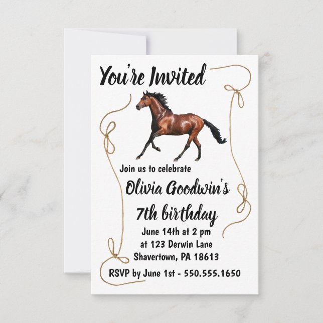 Running horse birthday invitation with rope border (Front)