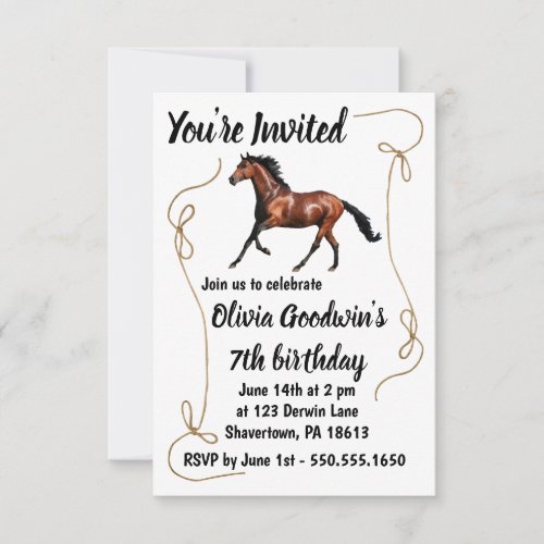 Running horse birthday invitation with rope border