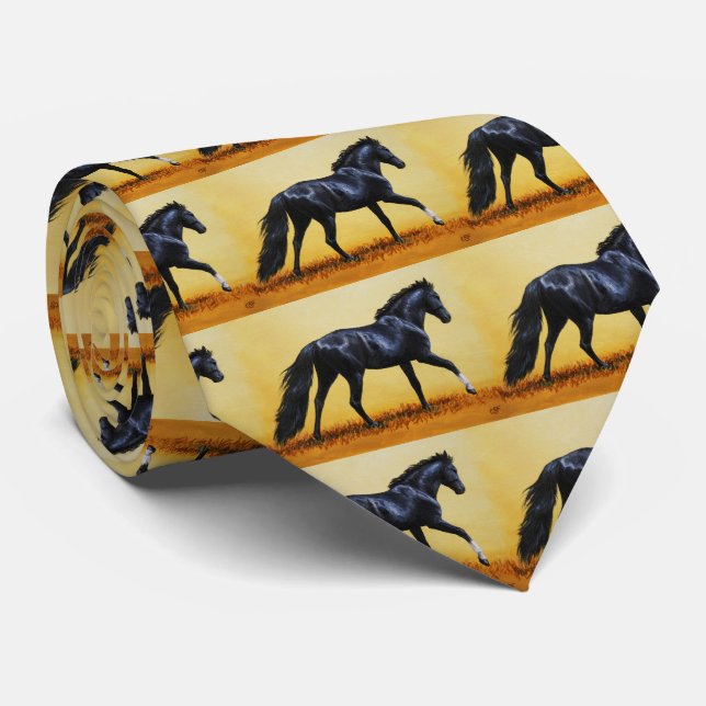 Running Horse Black Stallion Neck Tie (Rolled)