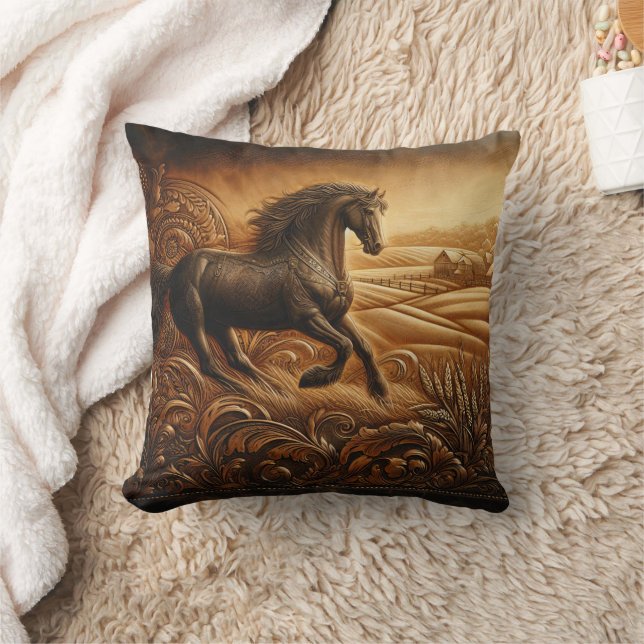 Running Horse in a Rustic Landscape at Dusk Throw Pillow (Blanket)