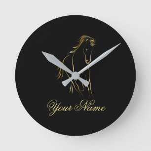 Running horse in gold color round clock