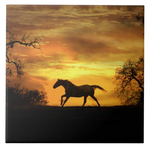 Running Horse in Sunset Art Tile