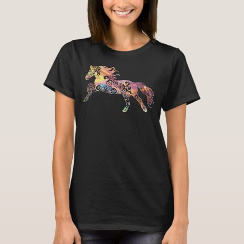 Running Horse Mandala Magical Color Light Art T_Shirt