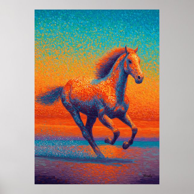 Running Horse Pointillism Beach Sunset Poster (Front)