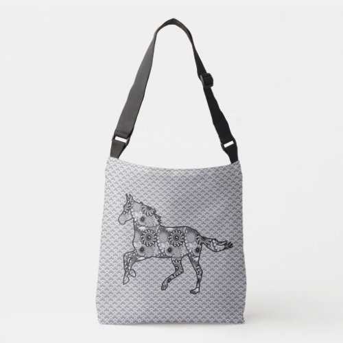 Running Horse Silhouette Mixed Prints Silver Gray Crossbody Bag