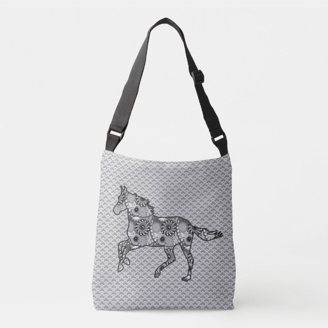 Running Horse Silhouette, Mixed Prints Silver Gray Crossbody Bag (Front)