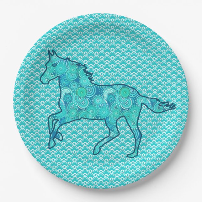 Running Horse Silhouette, Turquoise and Aqua Paper Plates (Front)