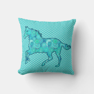 Running Horse Silhouette, Turquoise and Aqua Throw Pillow