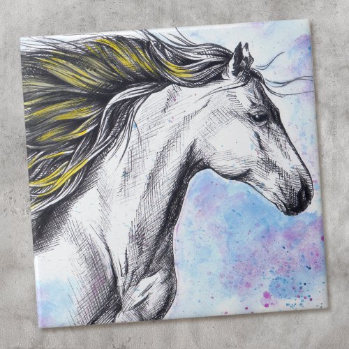 Running Horse Watercolor and Ink Equine art Ceramic Tile