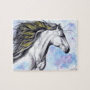 Running horse Watercolor and Ink Equine art Jigsaw Puzzle