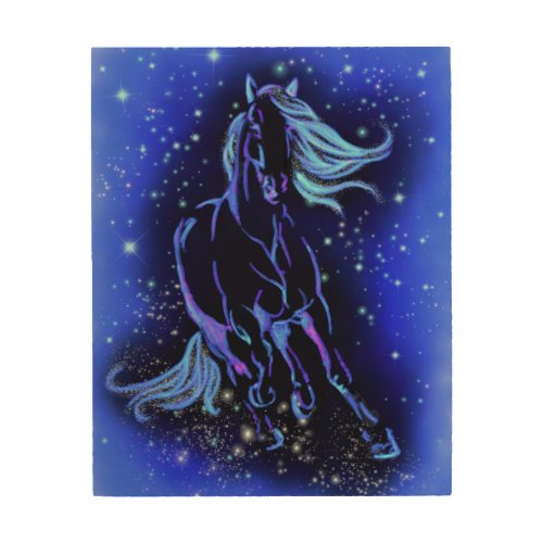 Running Horse Wood Wall Art Blue Starry Night 