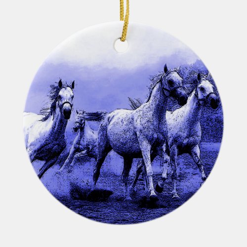 Running Horses  Blue Moonlight Ceramic Ornament