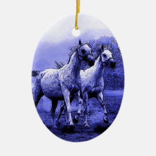 Running Horses  Blue Moonlight Ceramic Ornament
