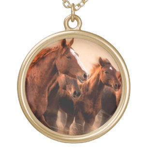 Running horses, blur and flying manes gold plated necklace