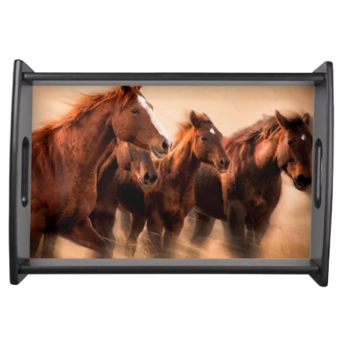 Running horses blur and flying manes serving tray