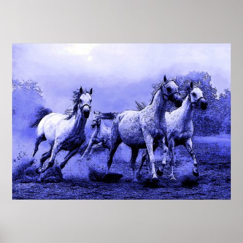 Running Horses in Blue Night Artwork Poster