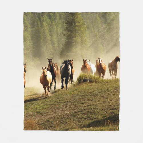 Running horses on Montana ranch Fleece Blanket