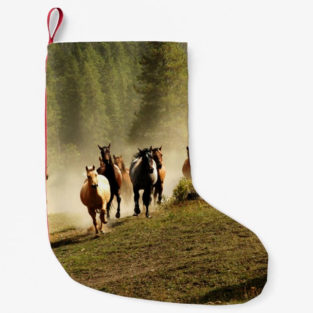 Running horses on Montana ranch Small Christmas Stocking (Front)