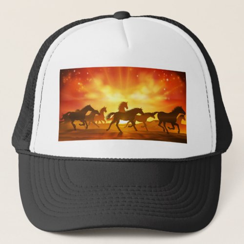 Running Horses Silhouette Herd Background Trucker Hat