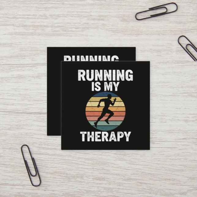 Running Is My Therapy Square Business Card (Front/Back In Situ)