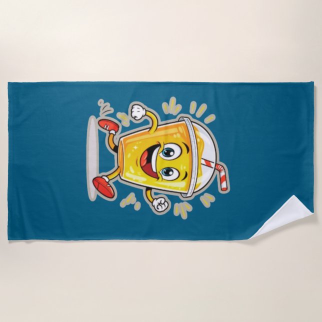 **Running Juice Cup Cartoon – Fun Street Drink Cha Beach Towel (Front)
