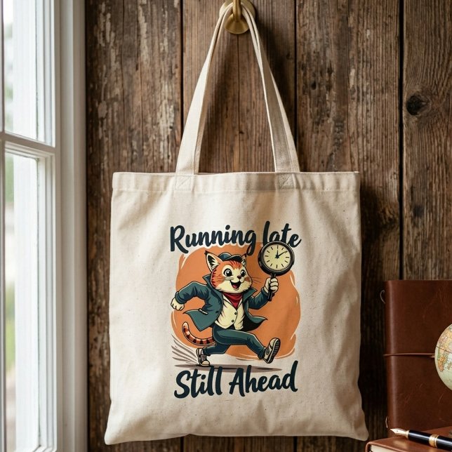 Running Late, Still Ahead Quirky Cat Funny Tote Bag (Creator Uploaded)