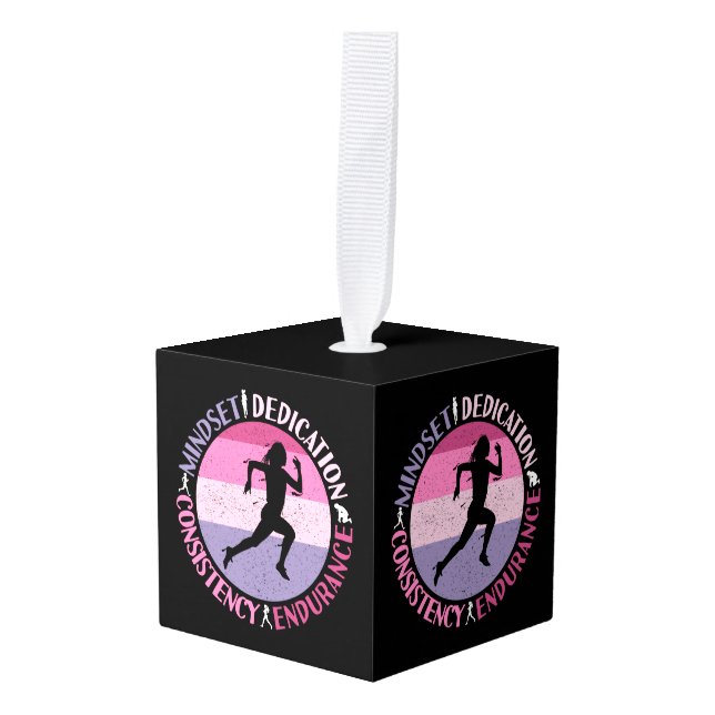 Running Mindset - Girly Runner Endurance Quote Cube Ornament (Front Angled)