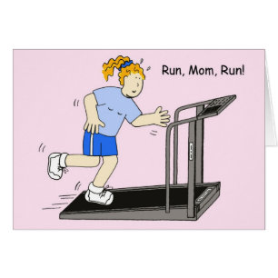 Running Mom Cartoon Lady on Treadmill Cards