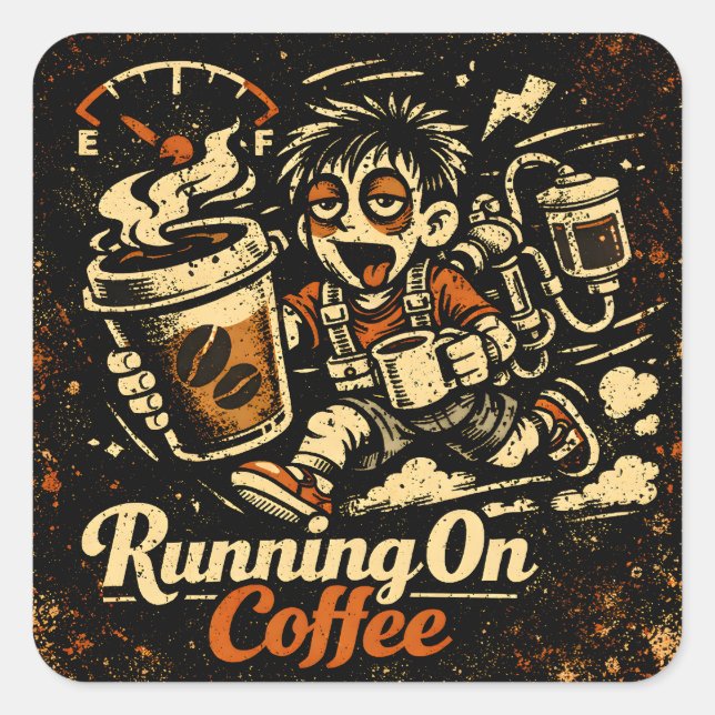 Running On Coffee – Caffeinated Humor Survival Square Sticker (Front)